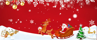 红色雪花圣诞驯鹿拉雪橇圣诞节海报背景
